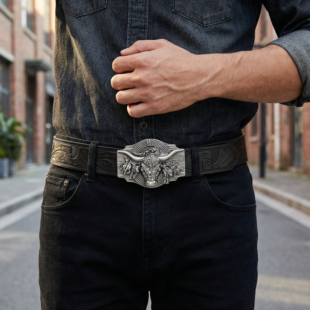 Embossed leather men's belt, featuring a striking cow head design. Perfect cowboy fashion accessory.