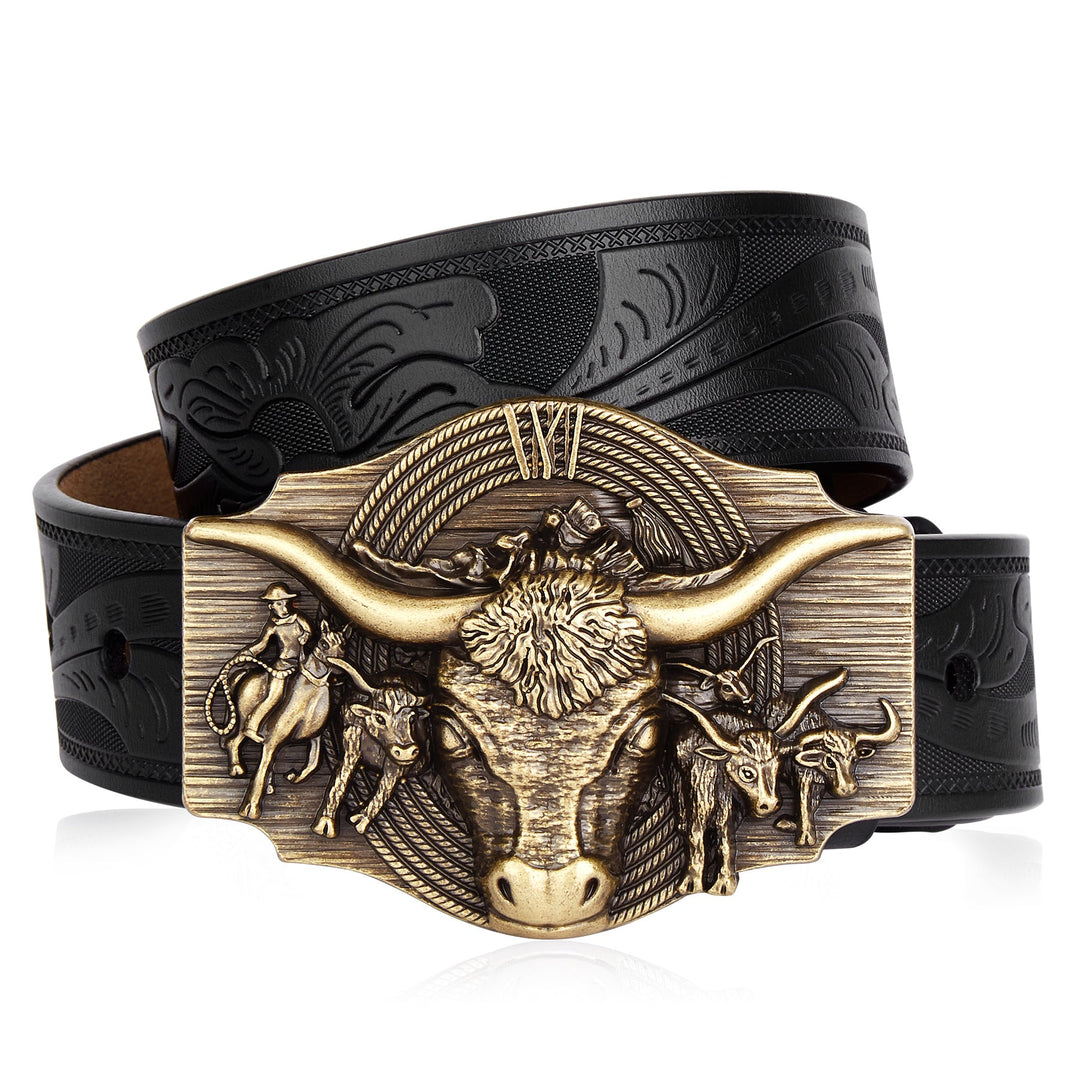 Close-up of a men's western belt, showcasing intricate embossed cow head pattern on rich leather.