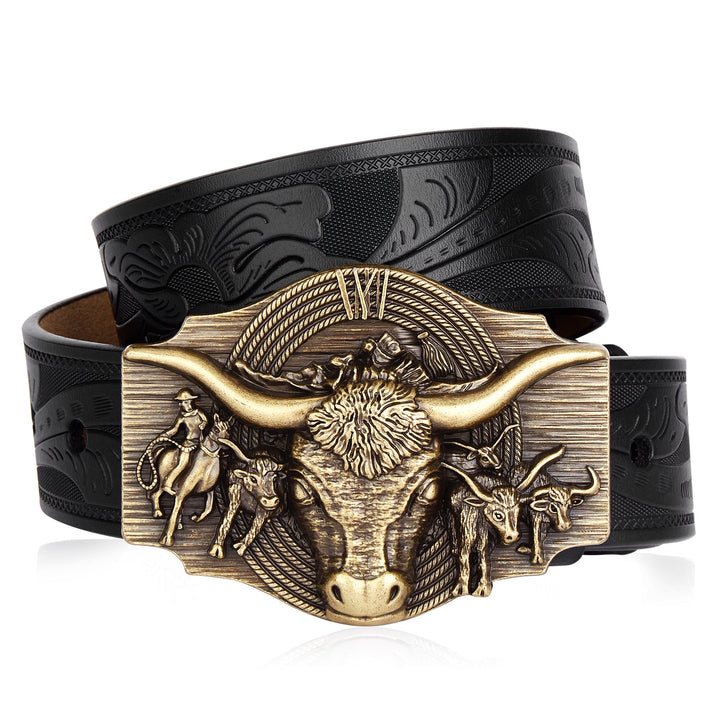Close-up of a men's western belt, showcasing intricate embossed cow head pattern on rich leather.