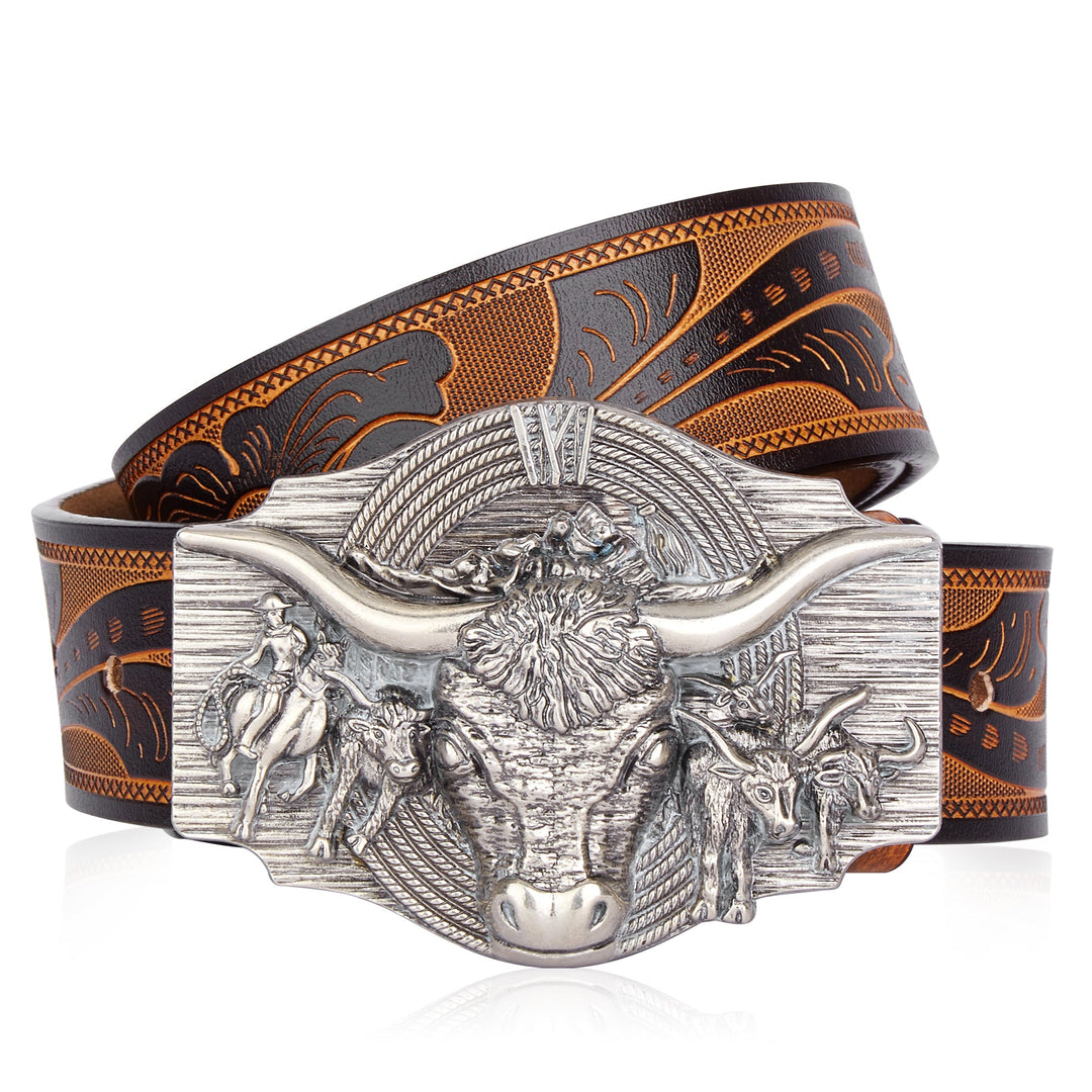 Stylish men's rancher belt with a bold cow head buckle, ideal for western wear and cowboy fashion.