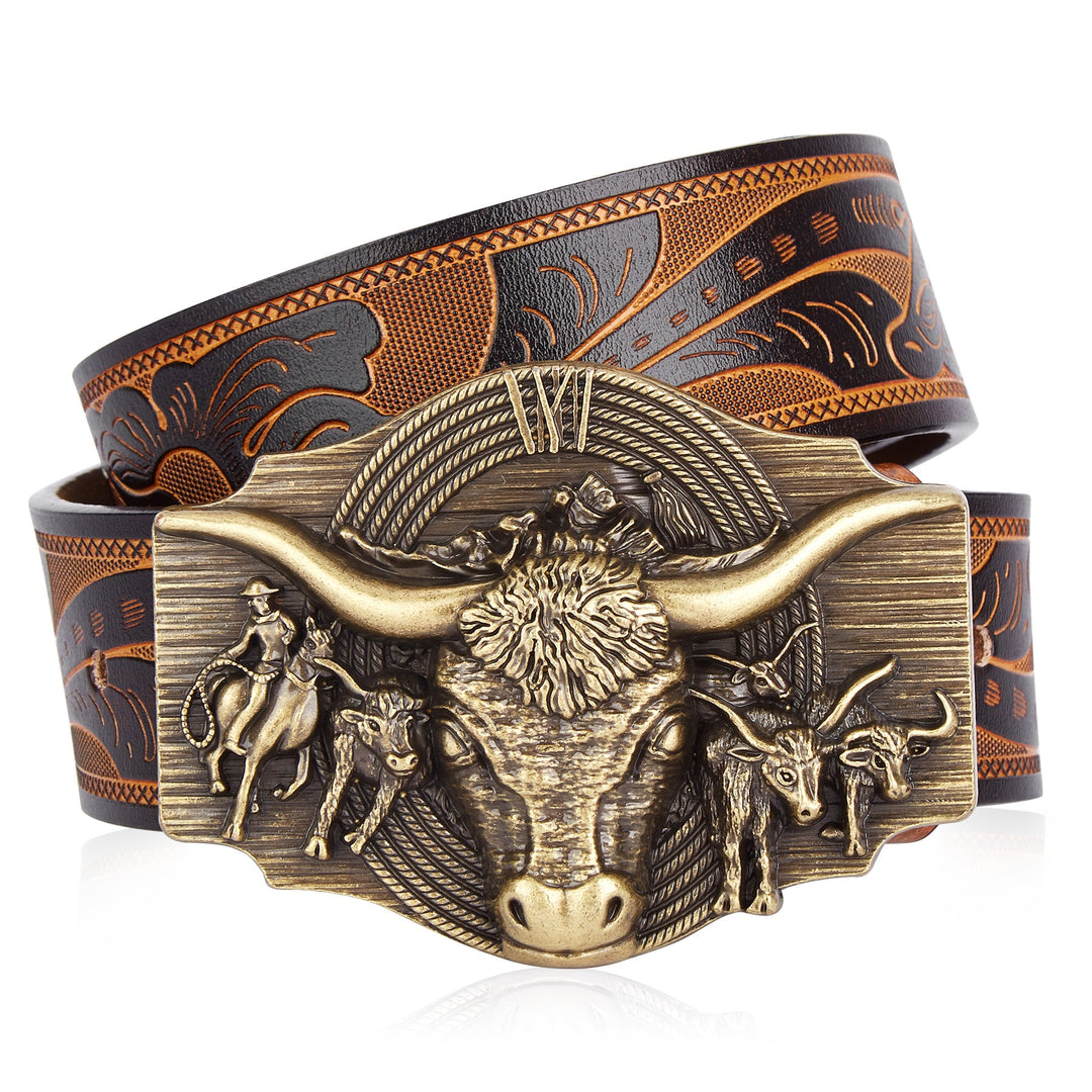 Men's western rancher belt with an embossed cow head buckle. Durable leather style accessory.