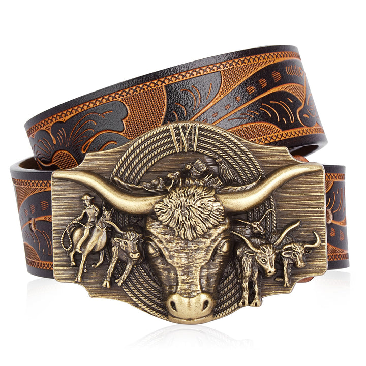 Men's western rancher belt with an embossed cow head buckle. Durable leather style accessory.