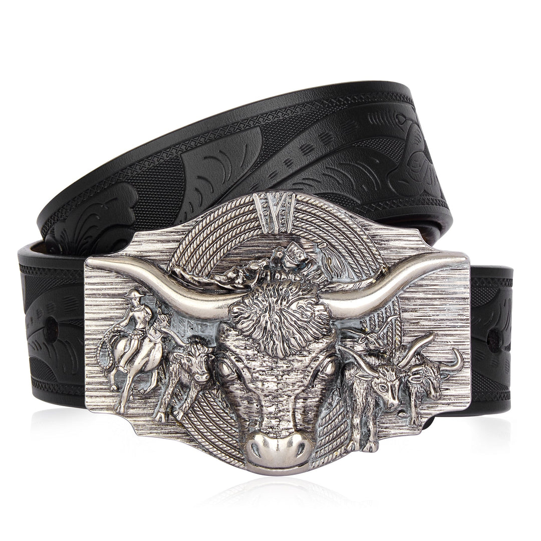 Rich leather men's belt, intricately embossed with a distinct cow head design for a true rancher look.