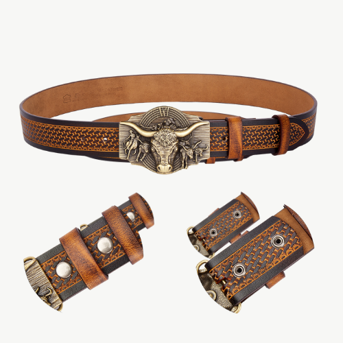 Classic men's cowboy belt, featuring an embossed cow head on high-quality western leather. Rancher accessory.