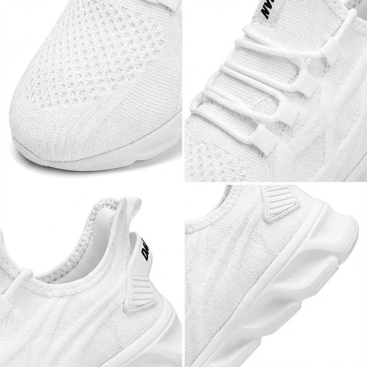 Close-up of men's Randy breathable knitted athletic sneakers, highlighting the detailed knit upper texture.