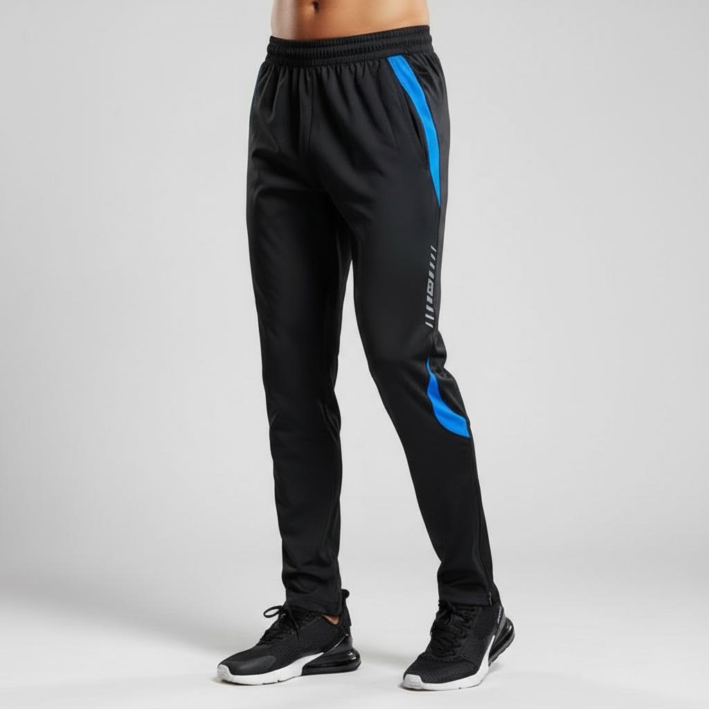 Close-up of zipper pocket on men's black athletic training joggers, Raymond, polyester fabric