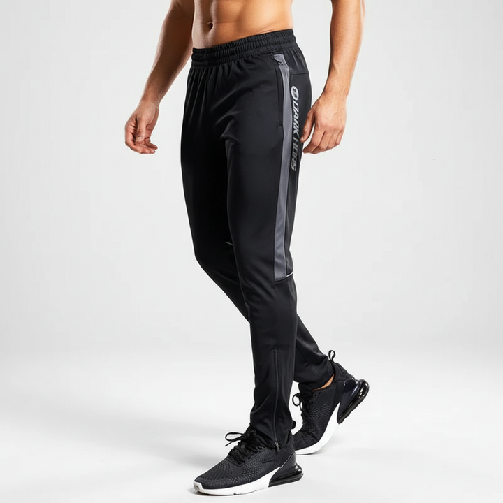 Pair of black Raymond men's athletic joggers, laid flat, highlighting sporty design and breathable material