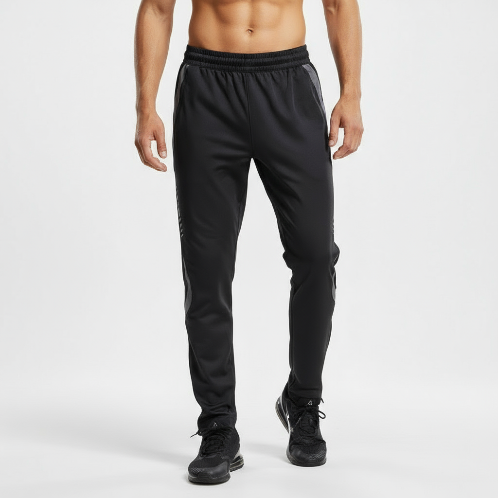 Man wearing black Raymond athletic training joggers during a workout, demonstrating flexibility and comfortable fit