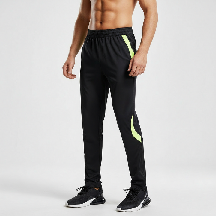 Side view of Raymond men's athletic joggers, black, with tapered leg and functional zipper pockets