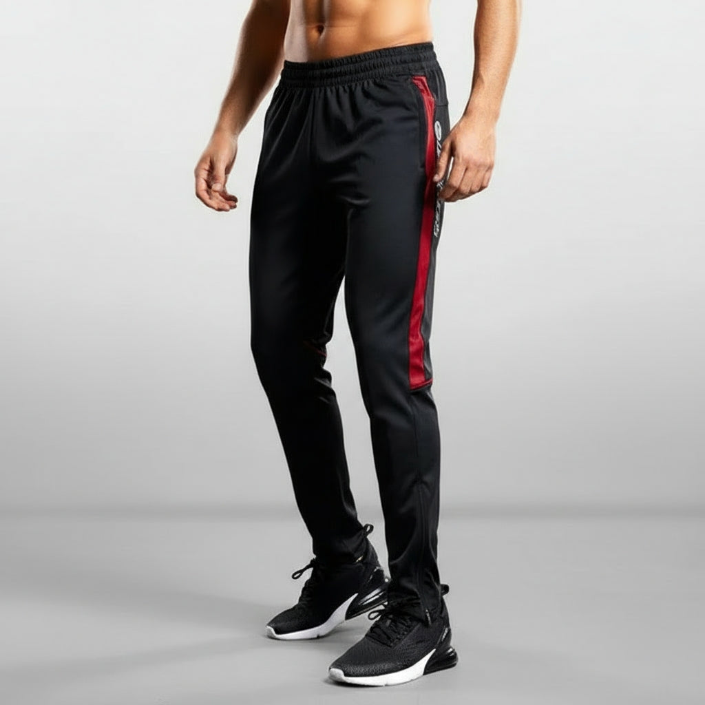 Stack of folded Raymond men's athletic training joggers, black, emphasizing quality and versatile loungewear