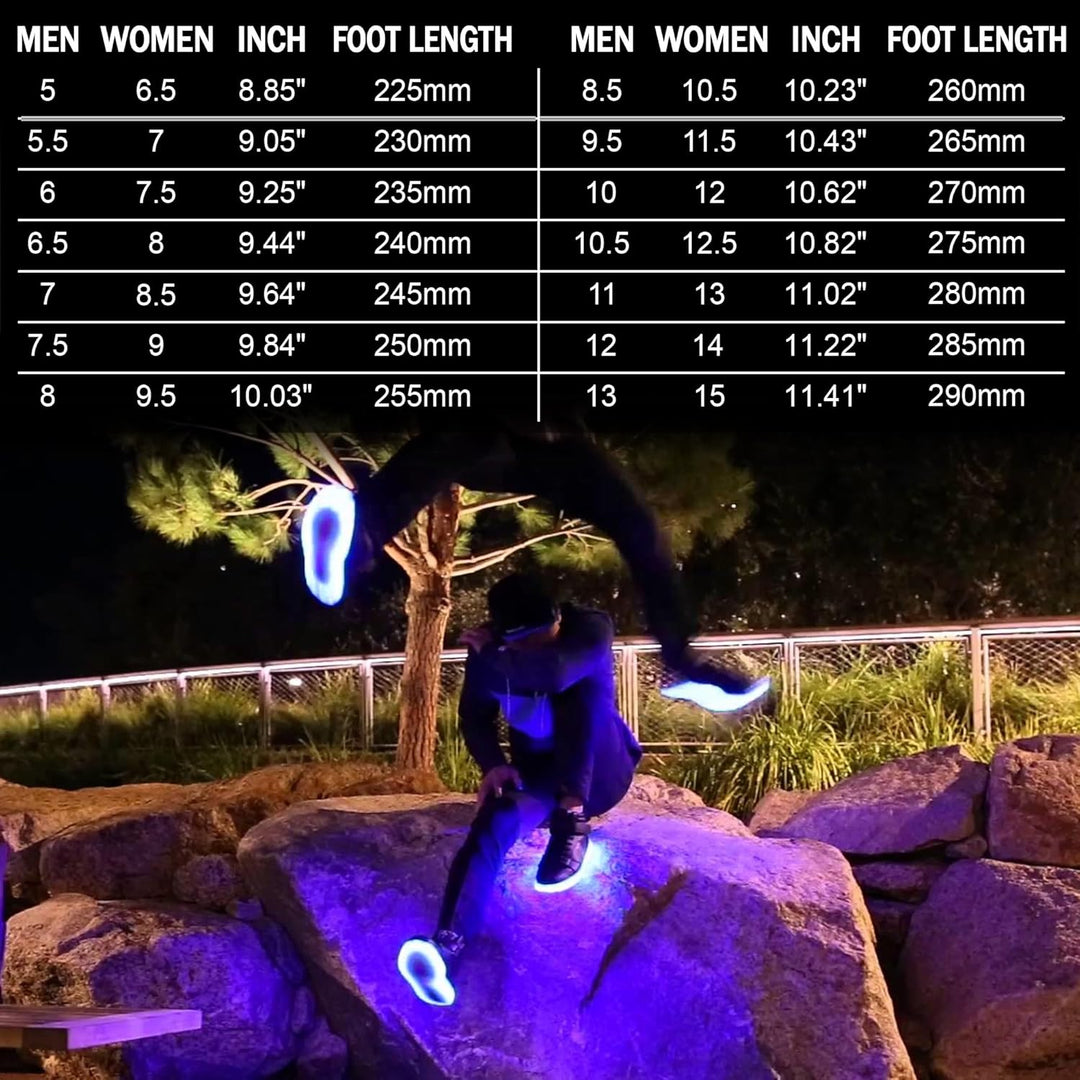 Premium men's LED sneakers, glowing brightly with rechargeable power.