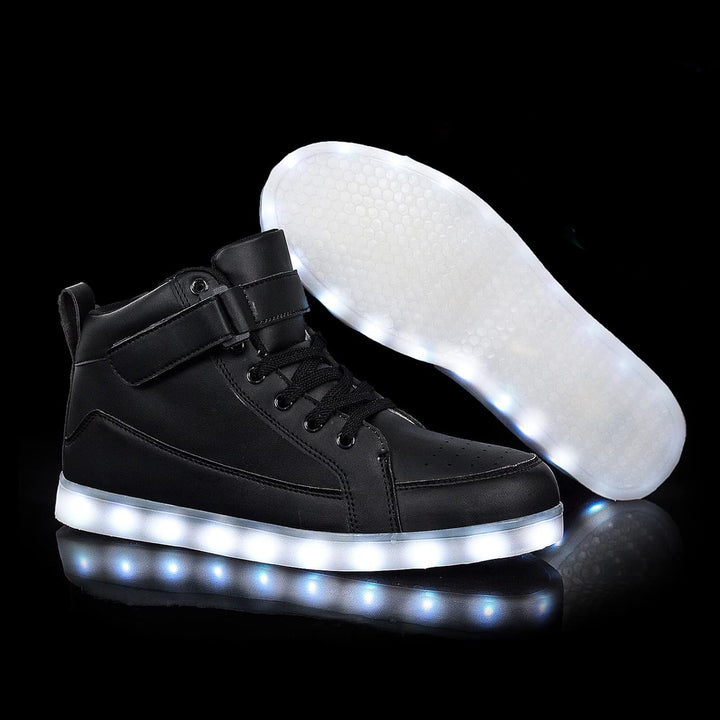 Men's vibrant LED sneakers, glowing with rechargeable light for festive moods.