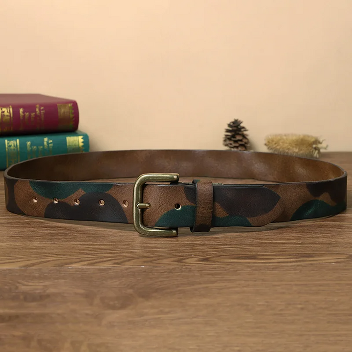 Durable men's Recon camo leather belt, heavy-duty for tactical and everyday use, with military-style finish.