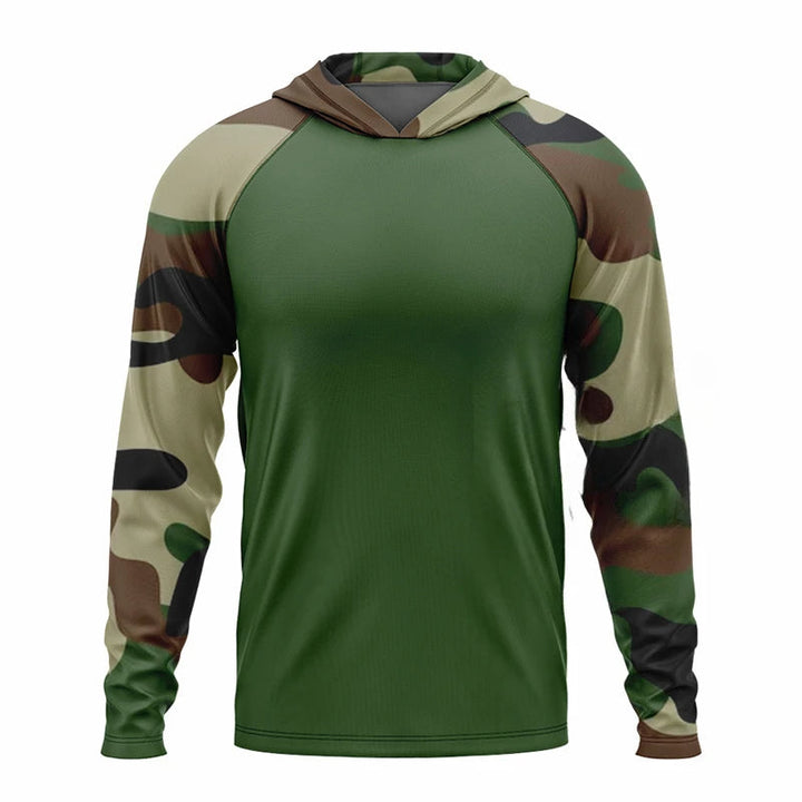 Tactical camo hoodie for men. Quick-dry performance, UPF 50+ sun protection. Great for active outdoor gear.
