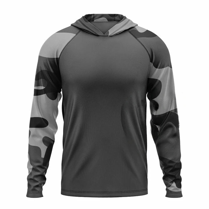 Comfortable men's camo hoodie with quick-dry fabric & UPF 50+ sun protection. Perfect for activewear & outdoor sports.