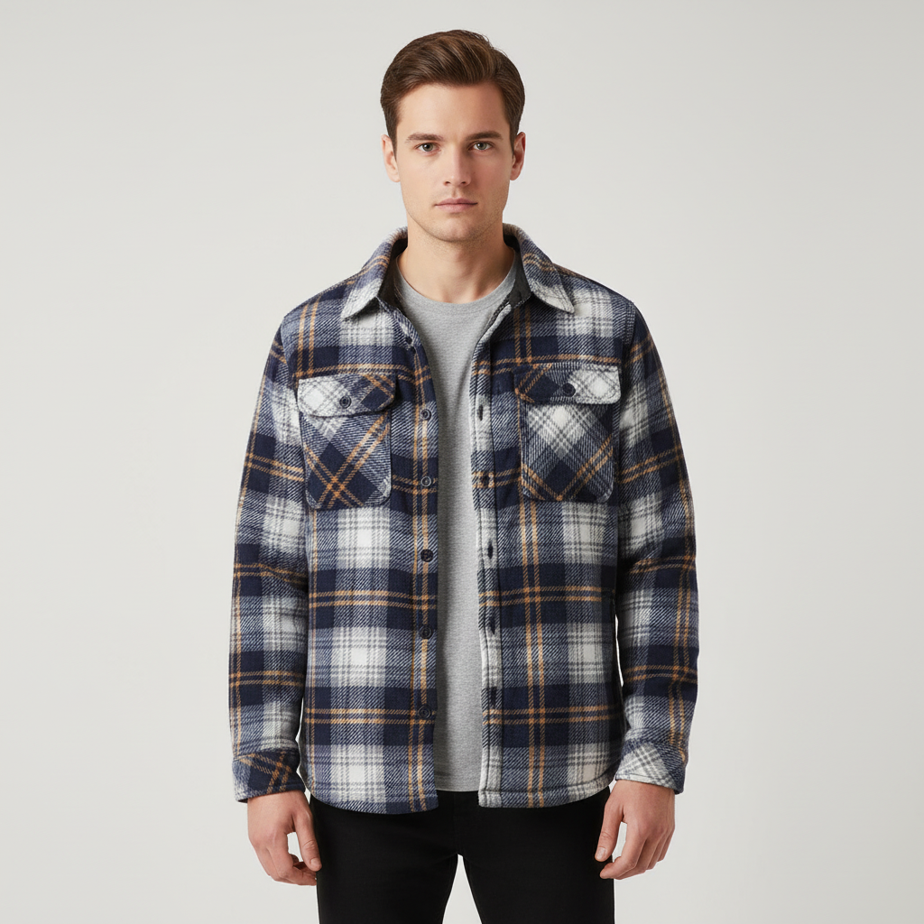 Warm men's flannel shirt jacket with soft fleece lining, ideal for cold weather.