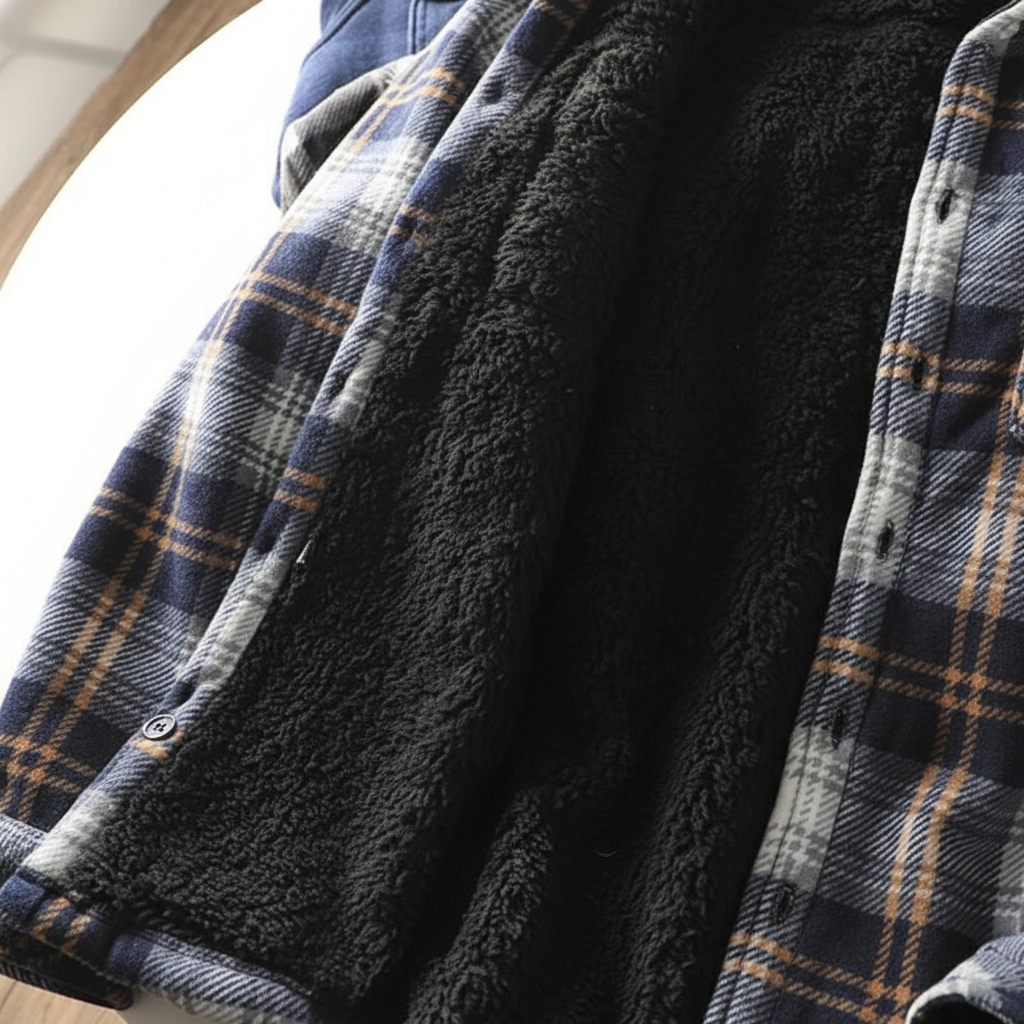 Stylish men's plaid button-up jacket, fleece-lined for ultimate winter comfort and warmth.