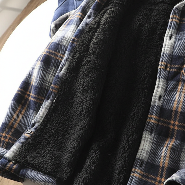 Stylish men's plaid button-up jacket, fleece-lined for ultimate winter comfort and warmth.