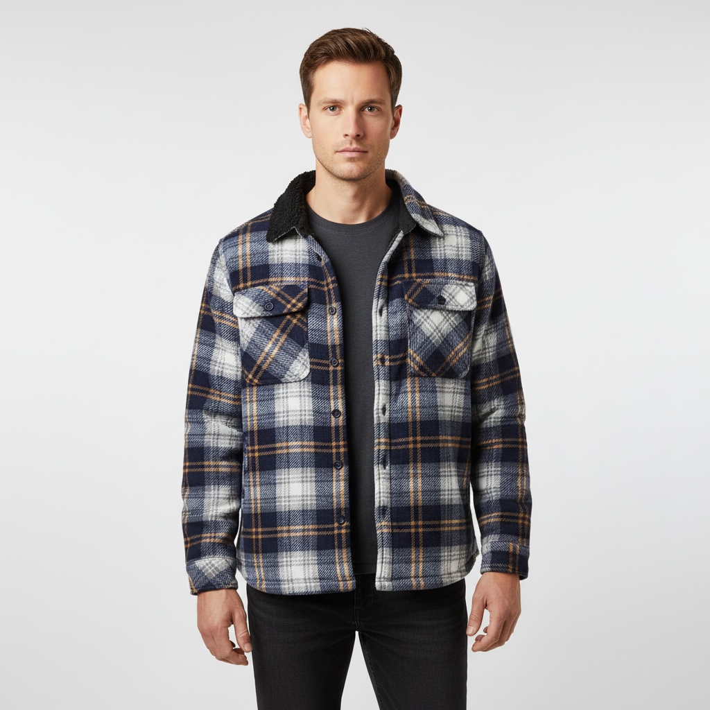 Outdoor men's fleece-lined plaid jacket, a versatile and warm addition to any wardrobe.