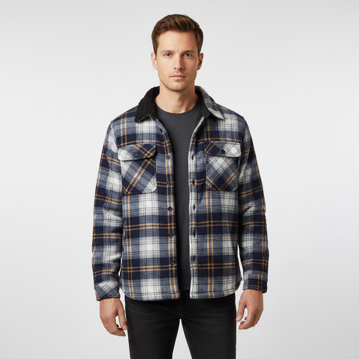 Outdoor men's fleece-lined plaid jacket, a versatile and warm addition to any wardrobe.