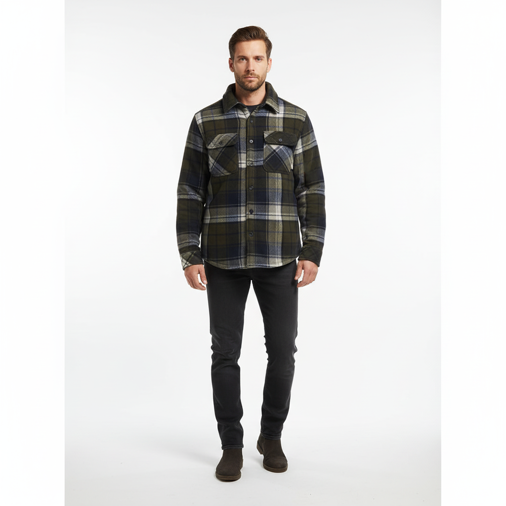 Close-up of the fleece lining and plaid pattern on a men's stylish button-up jacket.