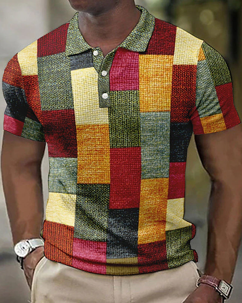 Men's red & gray checked short sleeve polo shirt. Casual polyester button-up top for smart casual spring/summer style.