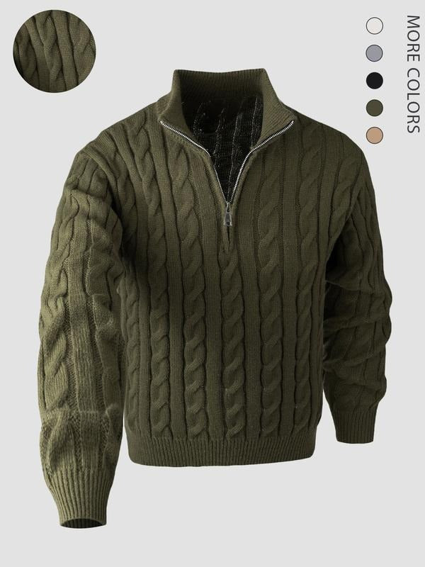 Men's refined cable knit quarter-zip sweater in a structured fit. Perfect for smart casual winter fashion.