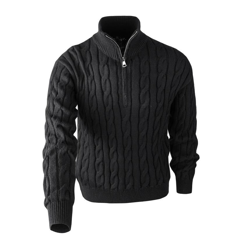 Men's long-sleeve quarter-zip cable knit sweater with a sophisticated collar, great for casual wear.