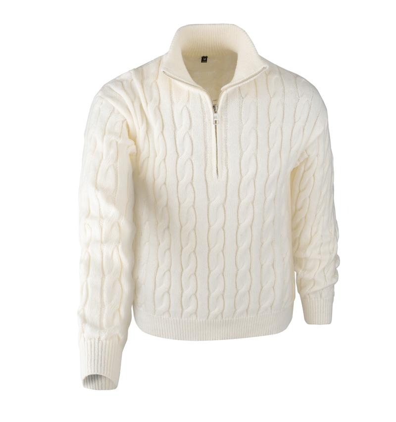 Elegant men's fall & winter cable knit quarter-zip sweater, offering a structured fit & smart casual look.