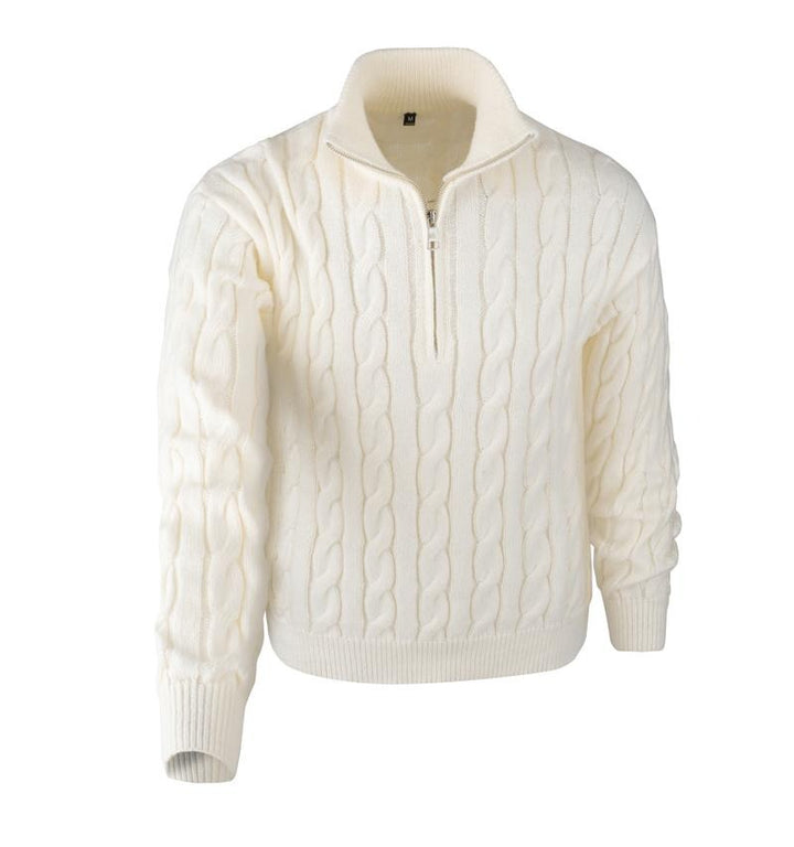 Elegant men's fall & winter cable knit quarter-zip sweater, offering a structured fit & smart casual look.