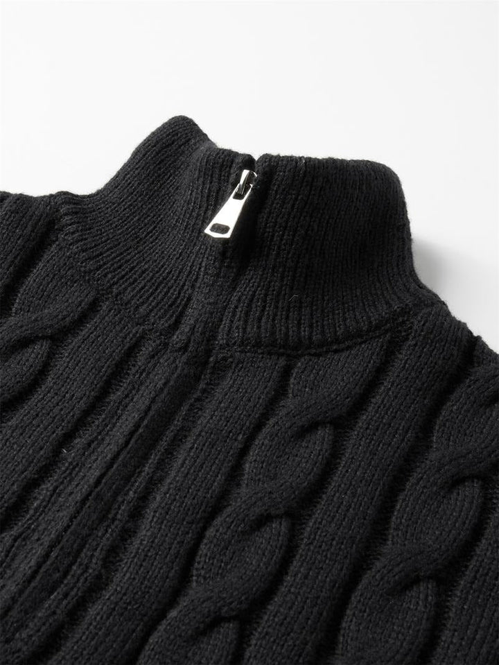Comfortable men's cable knit quarter-zip sweater, a classic style knitwear pullover for everyday elegance.