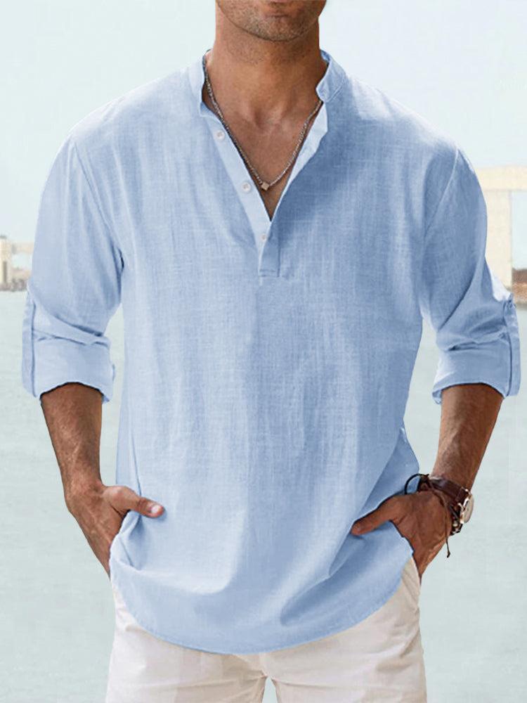 Close-up: Refined casual men's shirt fabric. Soft, comfortable, all-season menswear for effortless style.