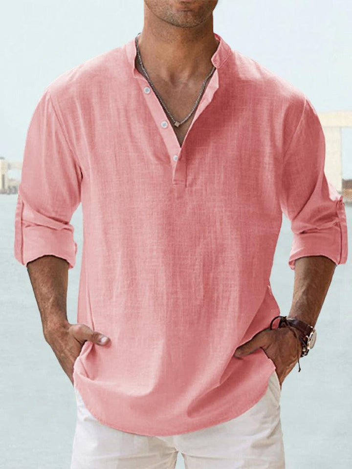 Detail of refined casual shirt's collar & cuffs. Smart button-up finish, classic long sleeve menswear.