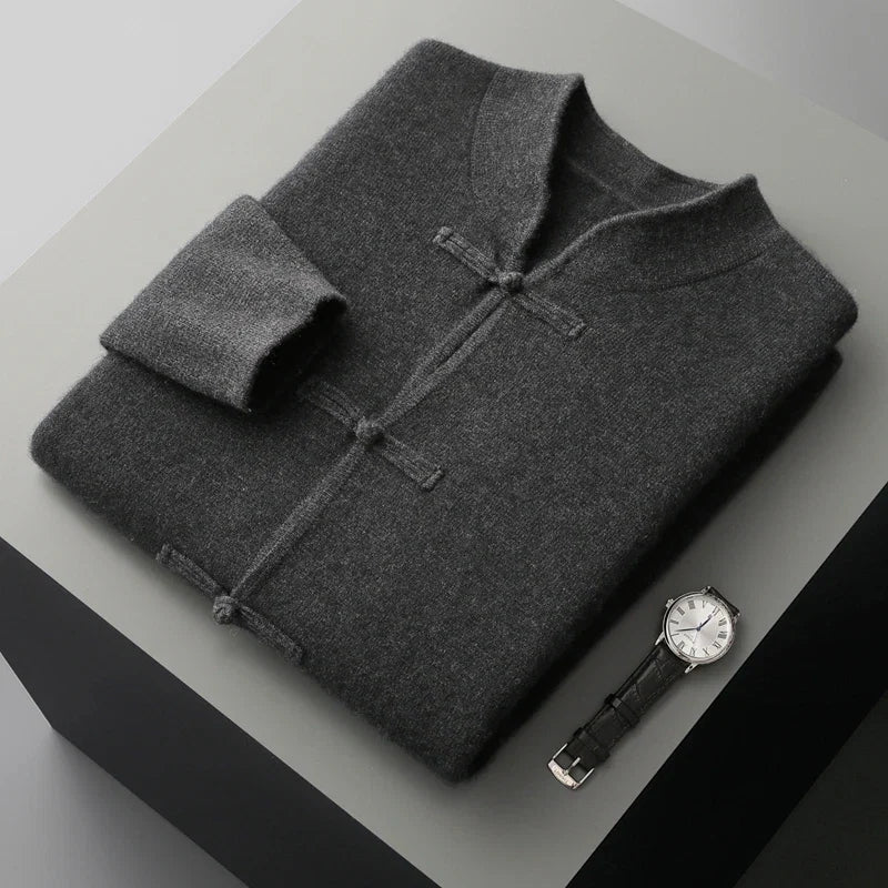 Refined men's long sleeve knit cardigan. Elegant classic style, comfortable and versatile for everyday wear.