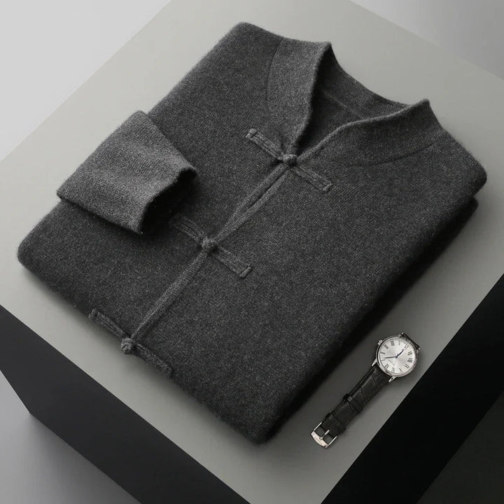 Refined men's long sleeve knit cardigan. Elegant classic style, comfortable and versatile for everyday wear.