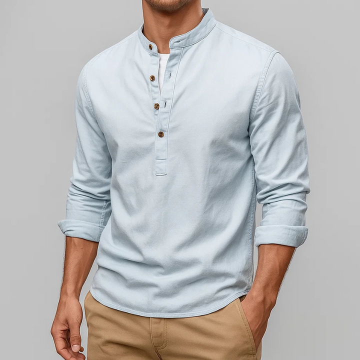 Men's Refined Henley Shirt in Japanese style, a tailored long-sleeve casual top with a stand collar.