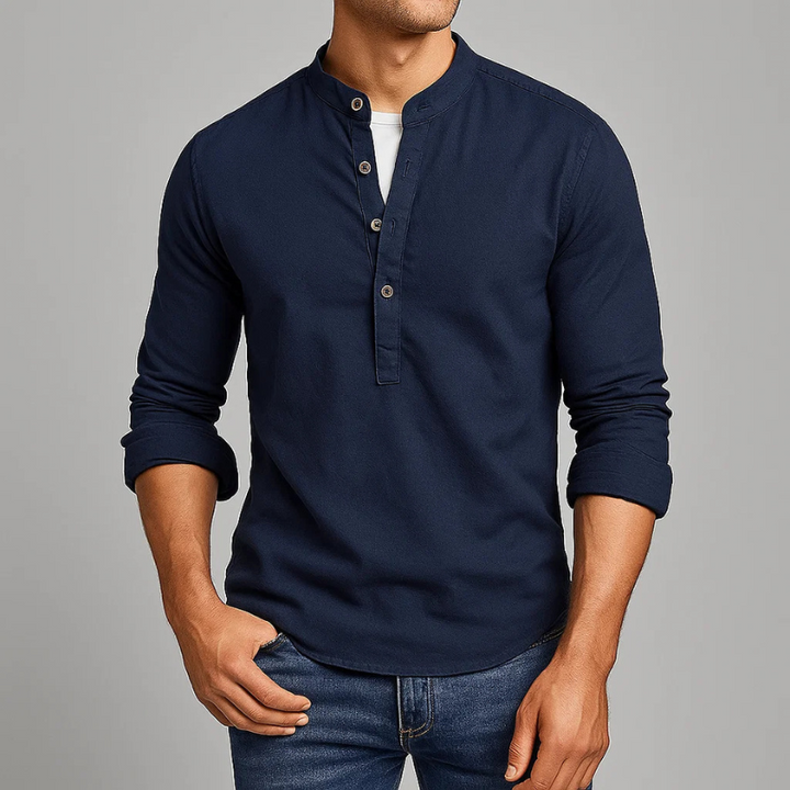 Japanese style men's henley shirt with a stand collar and tailored fit, perfect for smart casual everyday wear.
