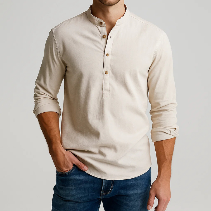 Versatile men's long-sleeve Japanese style henley shirt, ideal for casual and smart casual outfits.
