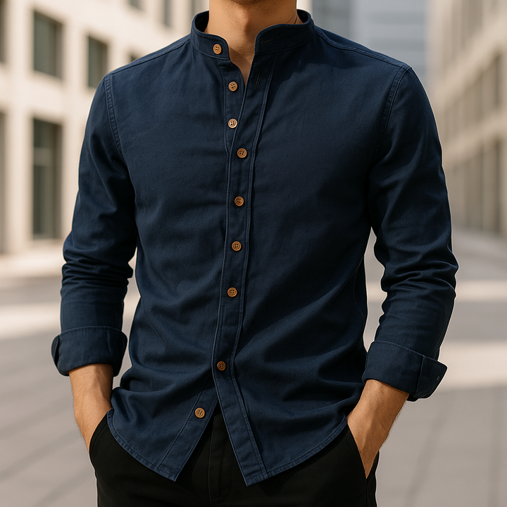 Men's refined Japanese style button-up shirt with stand collar, ideal for smart casual or everyday wear.