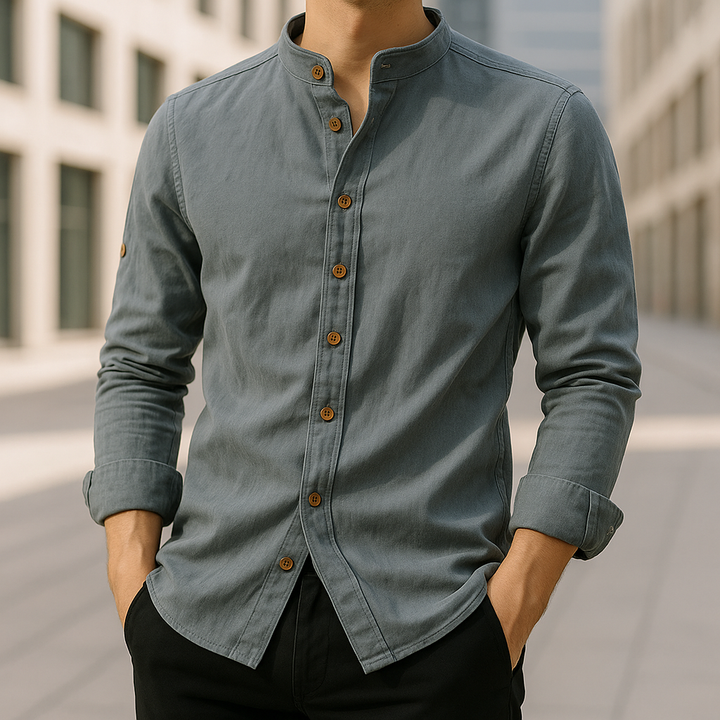 Stylish men's Japanese button-up shirt featuring a stand collar; a versatile piece for modern men's fashion.