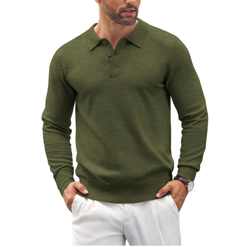 Men's Refined Knit Polo Sweater, long sleeve, tailored fit, for sophisticated casual wear.