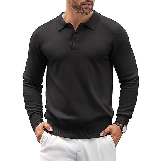 Versatile men's knit polo sweater with long sleeves, modern tailored fit, perfect for layering.