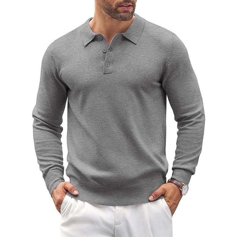 Sophisticated men's long sleeve pullover knit polo sweater, tailored for effortless style & comfort.