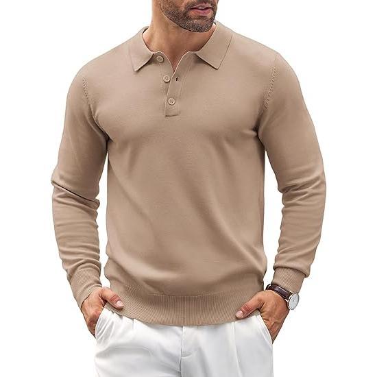 Refined men's knit polo sweater, long sleeve, tailored fit, offering effortless modern style.