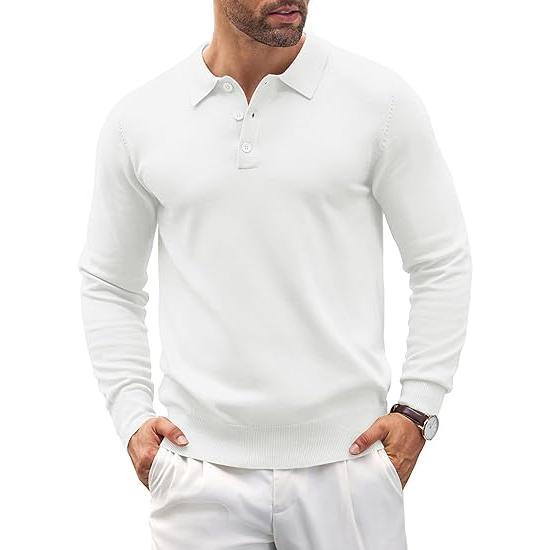 Men's tailored fit long sleeve knit polo sweater, ideal for versatile sophisticated casual wear.