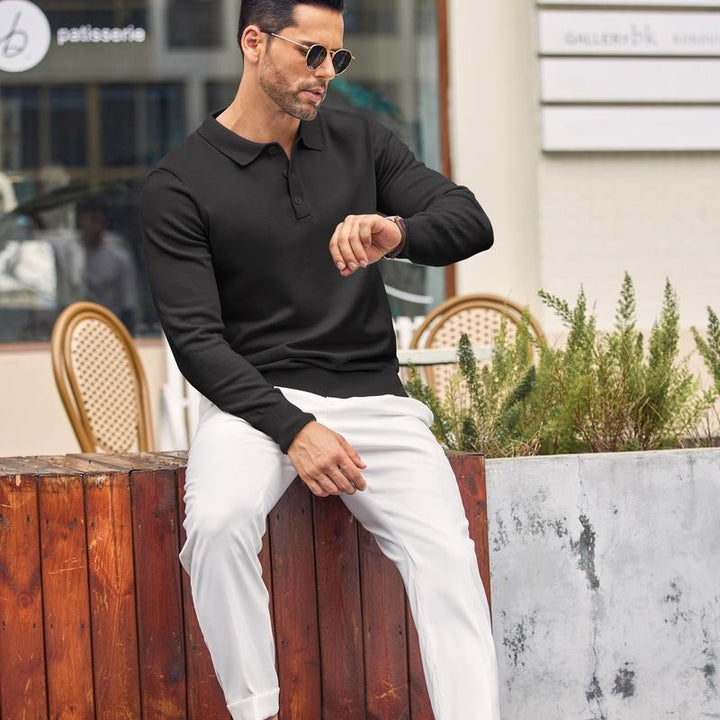 Modern men's refined knit polo sweater, long sleeve pullover, tailored fit, perfect for layering.