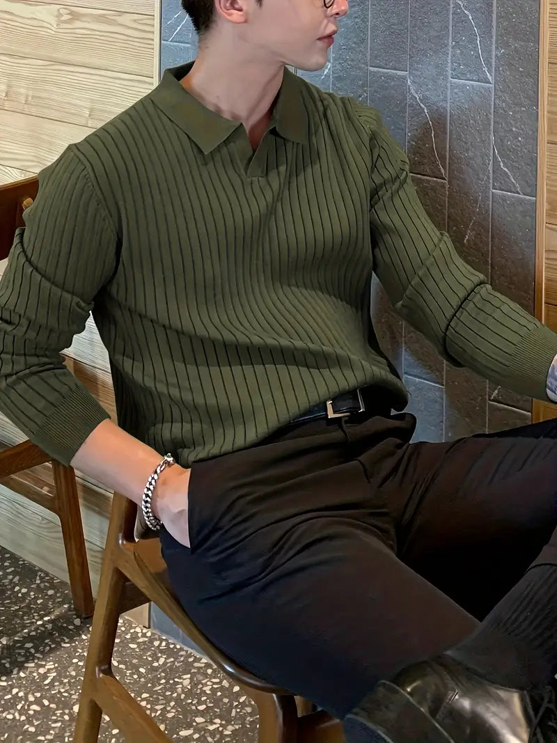 Folded men's short sleeve ribbed knit polo top, highlighting the fabric and versatile design.
