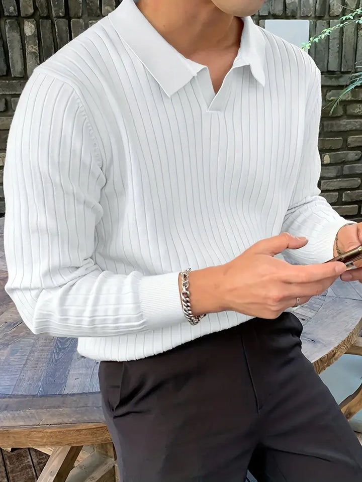 Versatile men's ribbed knit polo top, offering comfort and stretch for a modern, elegant look.