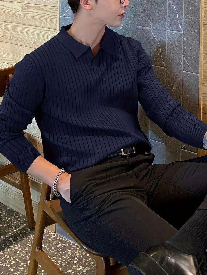 Modern men's elegant ribbed knit polo shirt, short sleeve design ideal for versatile styling.
