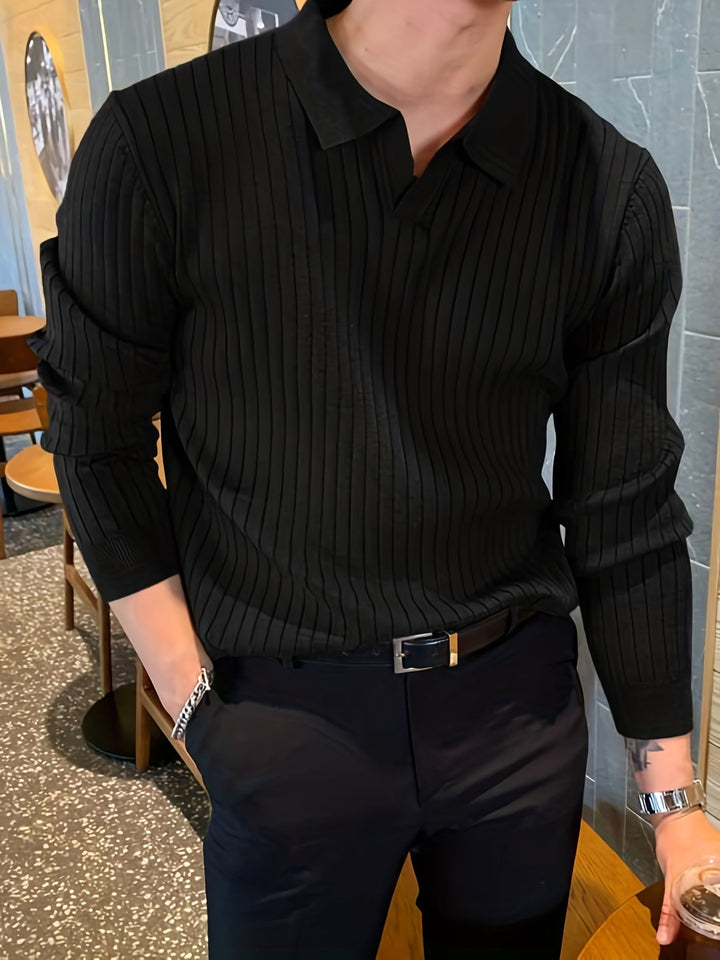 Full shot of a man in a casual yet elegant ribbed knit short sleeve polo, perfect for modern comfort.